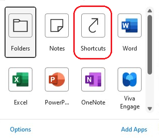 Screenshot of the Shortcuts link