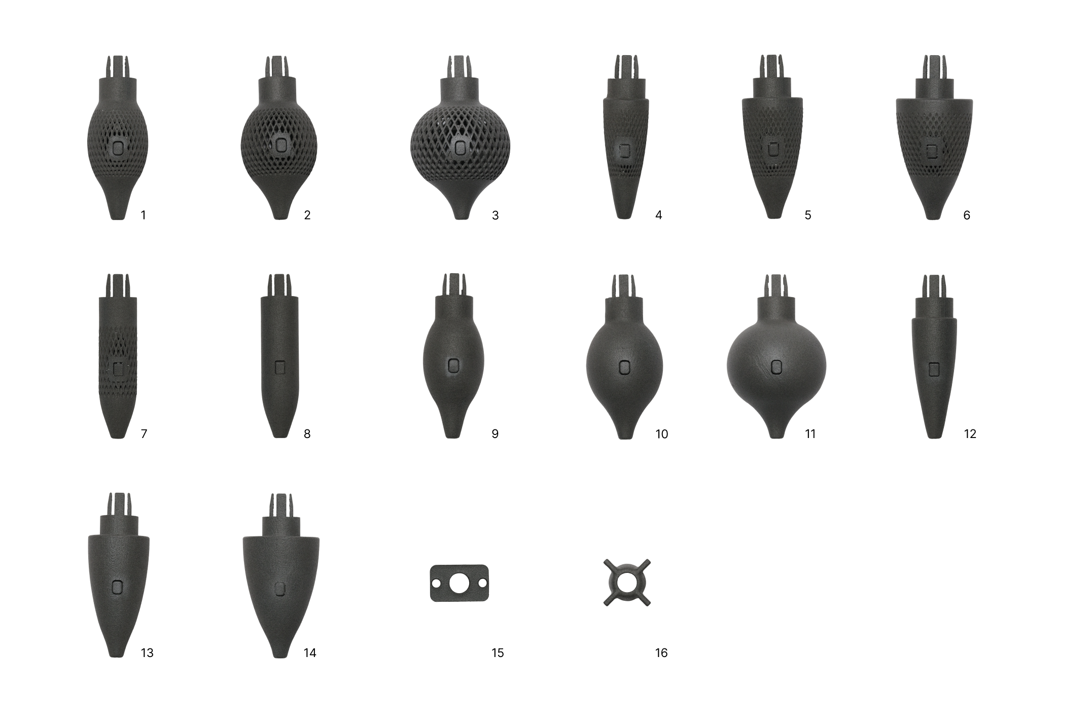 Surface Slim Pen grip designs in different shapes and sizes, with two additional cap designs labeled 1 through 16.