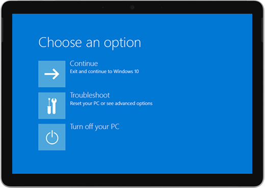 A blue screen with options to continue, troubleshoot, or turn off your PC.