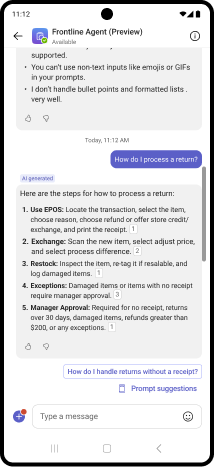 Shows a mobile screenshot of user asking the agent a question about how to process a return and getting response.