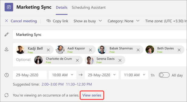 Microsoft Teams meeting details screen showing a shared meeting record for Marketing Sync.