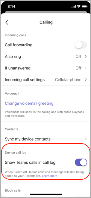 Show or hide teams calls in call log on iOS.