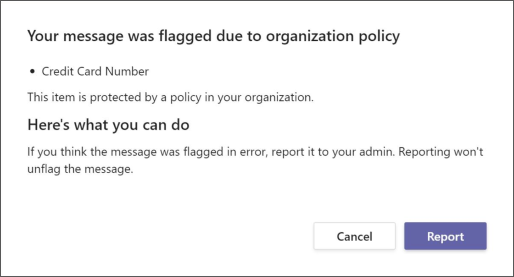 A dialog explaining why a message was flagged by an organizations data loss prevention policy