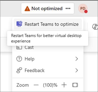 Screenshot showing an alert message at the top of Teams which says the VDI is not optimized