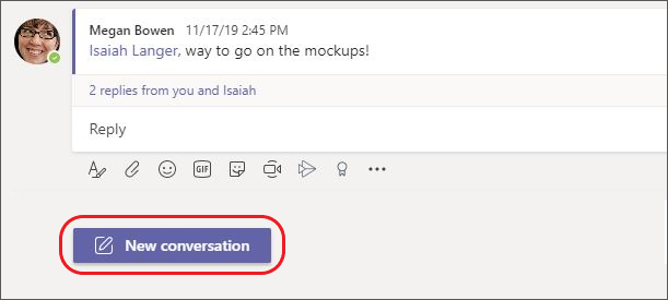 screenshot of Teams desktop highlighting new conversation button at bottom of screen