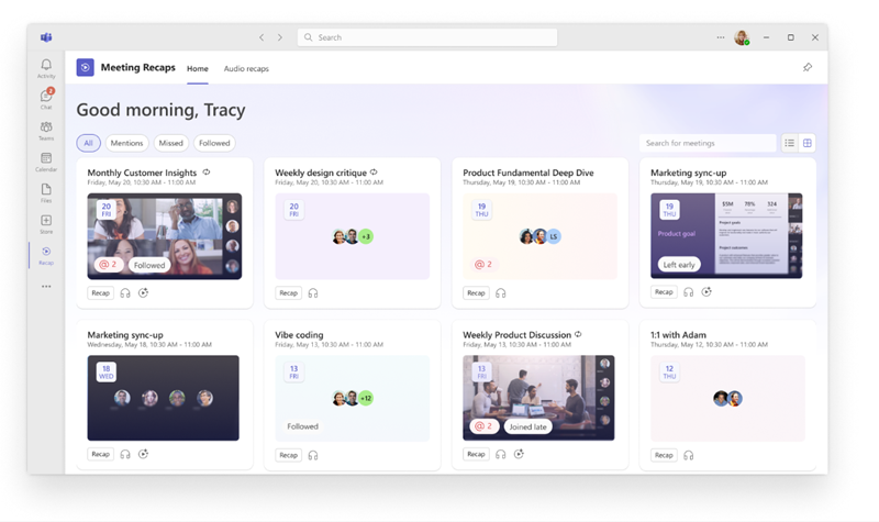 Screenshot that shows the Meeting Recaps app homepage displaying past meetings in list view.
