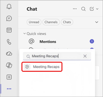 Screenshot that shows search results in Teams with the Meeting recaps app.