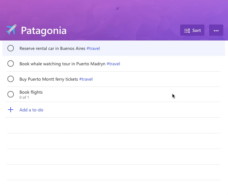 Animated gif showing a to-do being selected to open detail view, a step being completed and a step being added