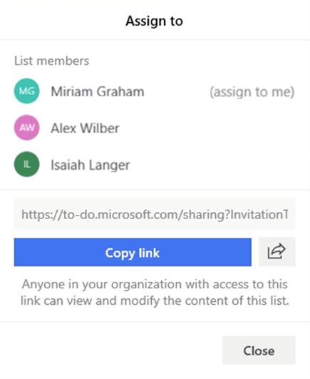 Screenshot with the Assign to menu and the option to assign a task to List members Miriam Graham, Alex Wilber or Isaiah Langer.