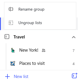 Screenshot of the Travel list group and edit menu open with option to Rename group and Ungroup lists