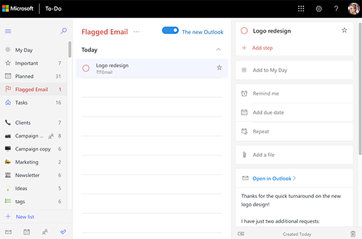 Screenshot of the the Flagged Email list open and showing the detail view of the task Logo redesign. In the detail view there is the option to Open in Outlook as well as a preview of the email text.