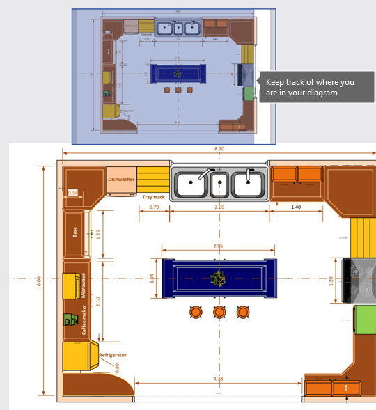 The Pan window (shown at the top in this image) helps you keep track of where you are in the diagram.