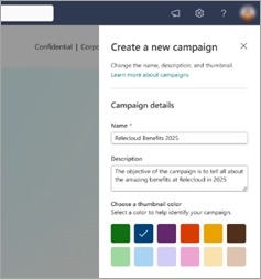 A screenshot shows the 'Create a new campaign' pane on the right side of the window.