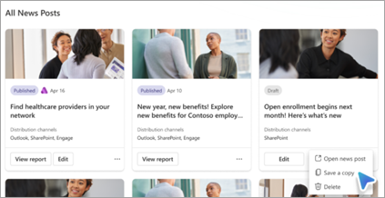 A screenshot shows the 'All News Posts' page, with a right click menu on one post. 'Save a copy' is selected in the menu.