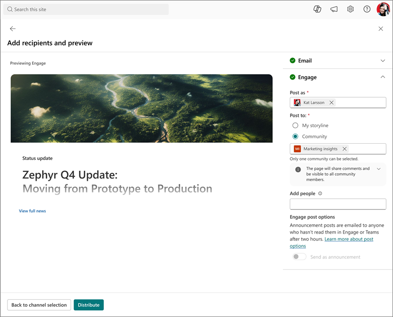 Screenshot of the admin's view of SharePoint News post options.