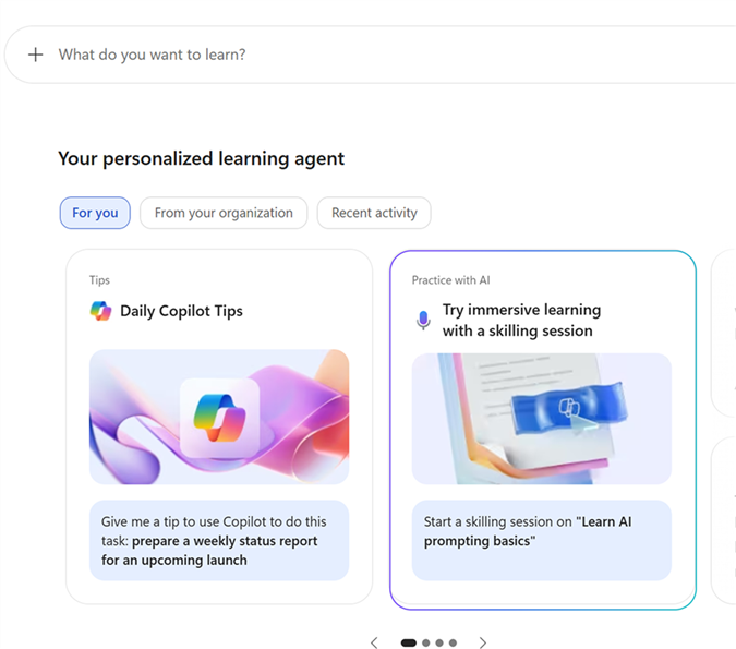 Screenshot that shows the Learning Agent home page with a suggested card for the Learn AI prompting basics skilling session.