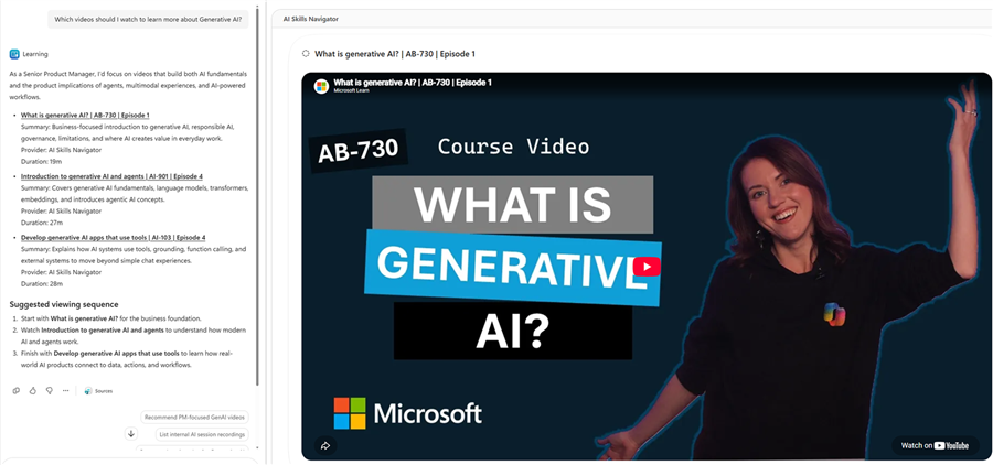 Screenshot that shows generative AI video recommendations in Learning Agent next to an open video from AI Skills Navigator.