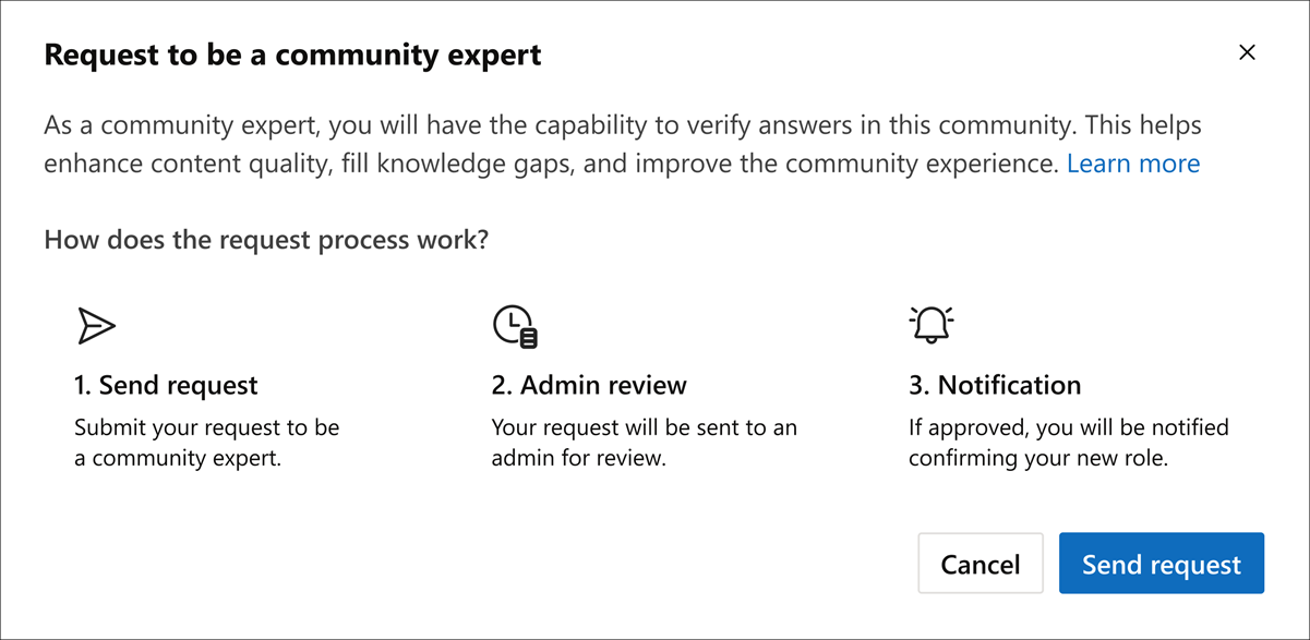 The system lets you know what you can expect when you self-nominate as a community expert.