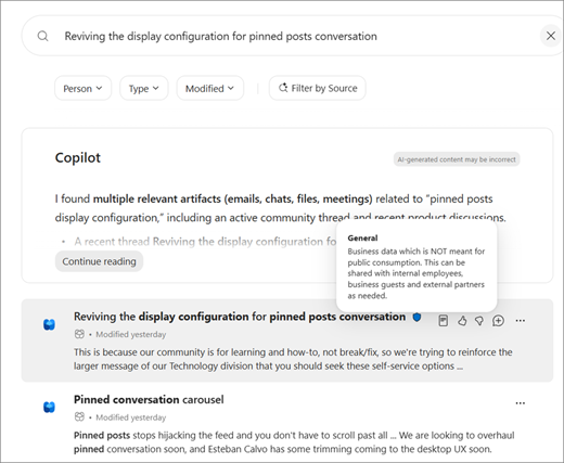 Screenshot that shows a search results page with a Viva Engage post containing a sensitivity label badge. A tooltip appears on mouse hover displaying the sensitivity level information regardless of the classification type.