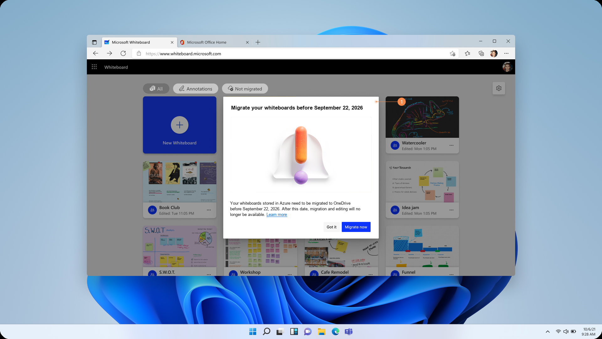 Screenshot of the My Whiteboards gallery with a banner that reads Migrate your whiteboards before September 22, 2026.