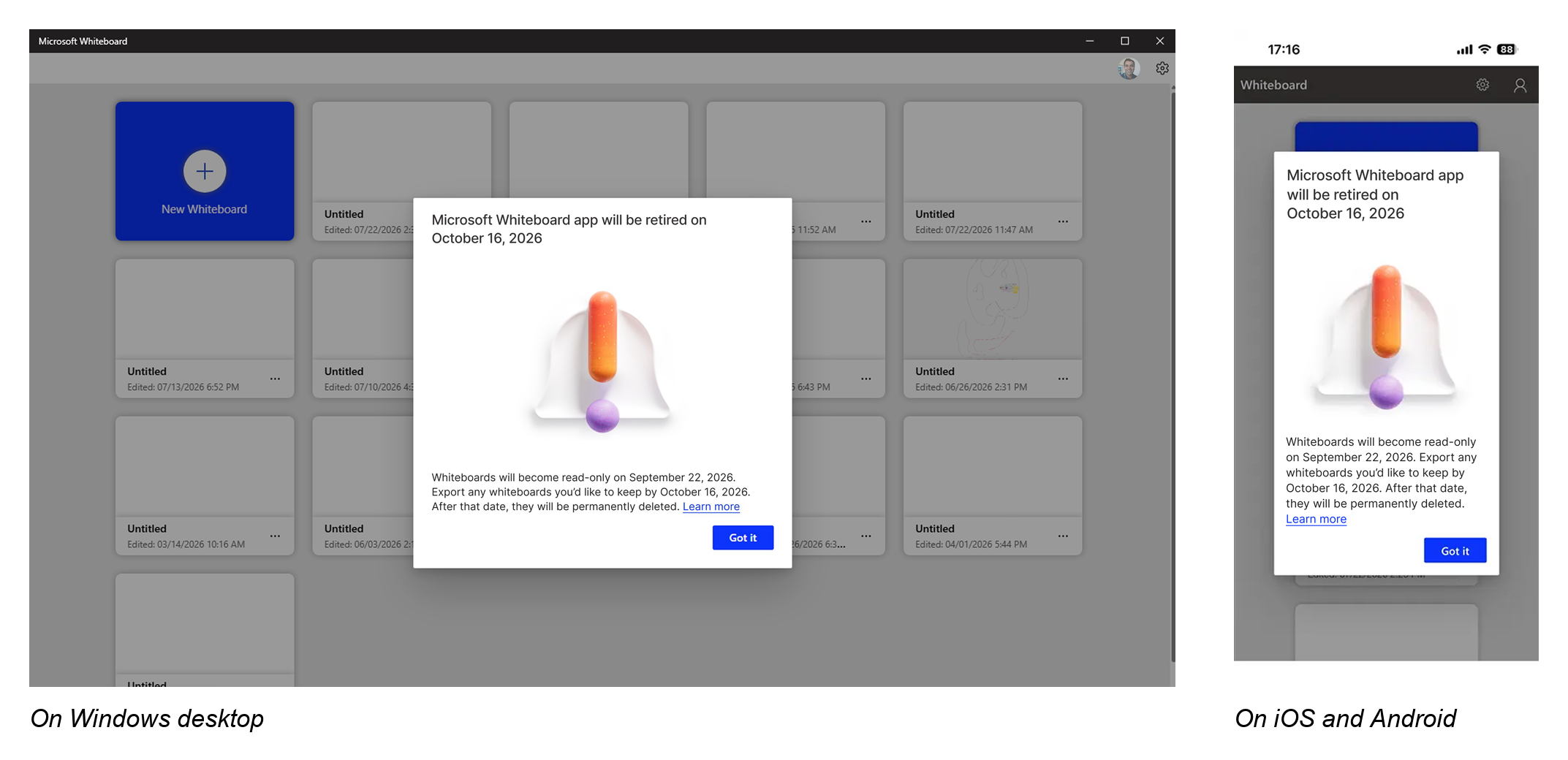 Side-by-side screenshots show the Microsoft Whiteboard retirement notice on Windows desktop, iOS, and Android.