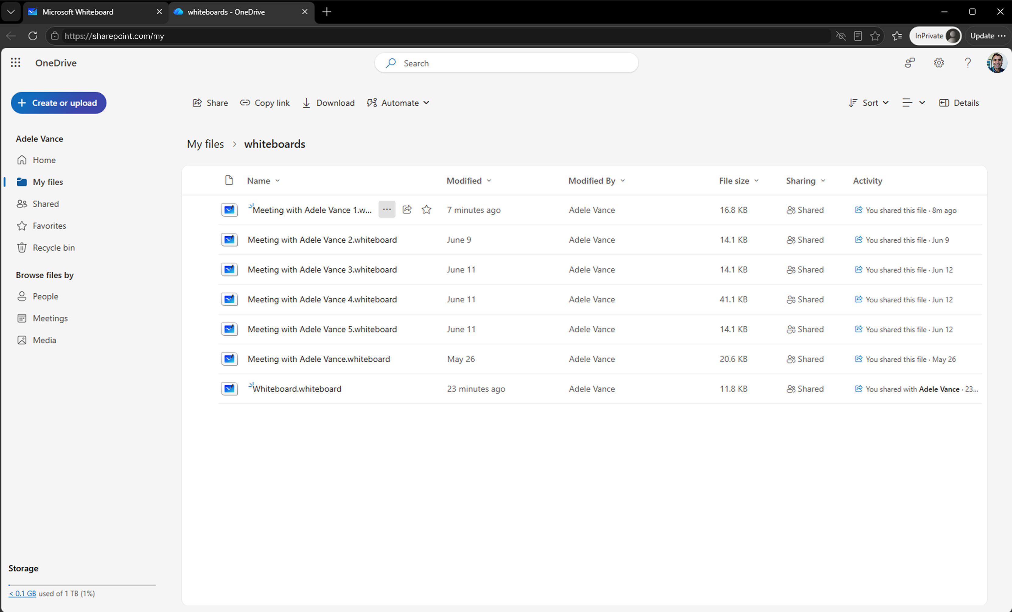 Screenshot shows the OneDrive folder with OneDrive-backed Whiteboard files.