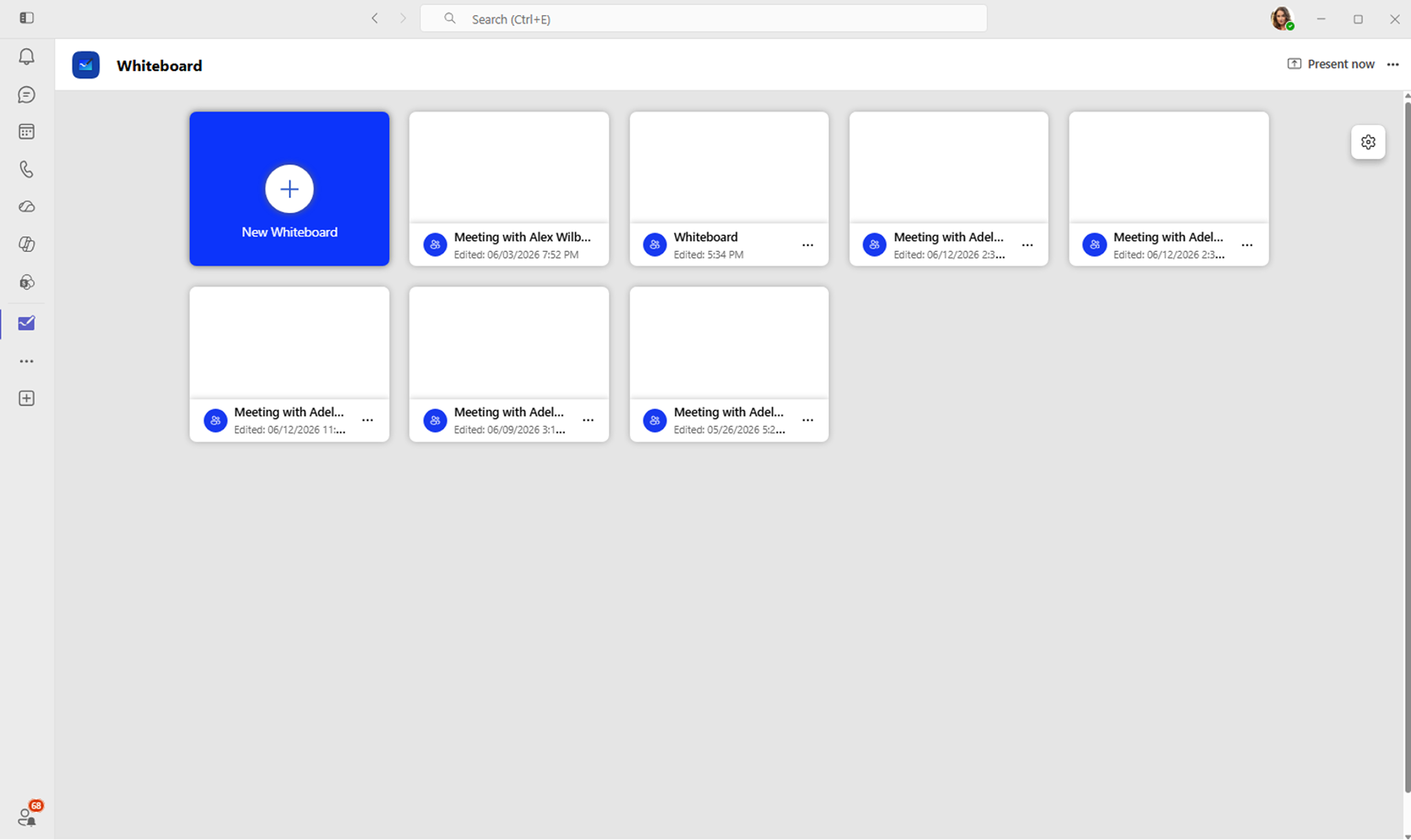 Screenshot that shows the whiteboard gallery opened as an app in Microsoft Teams.