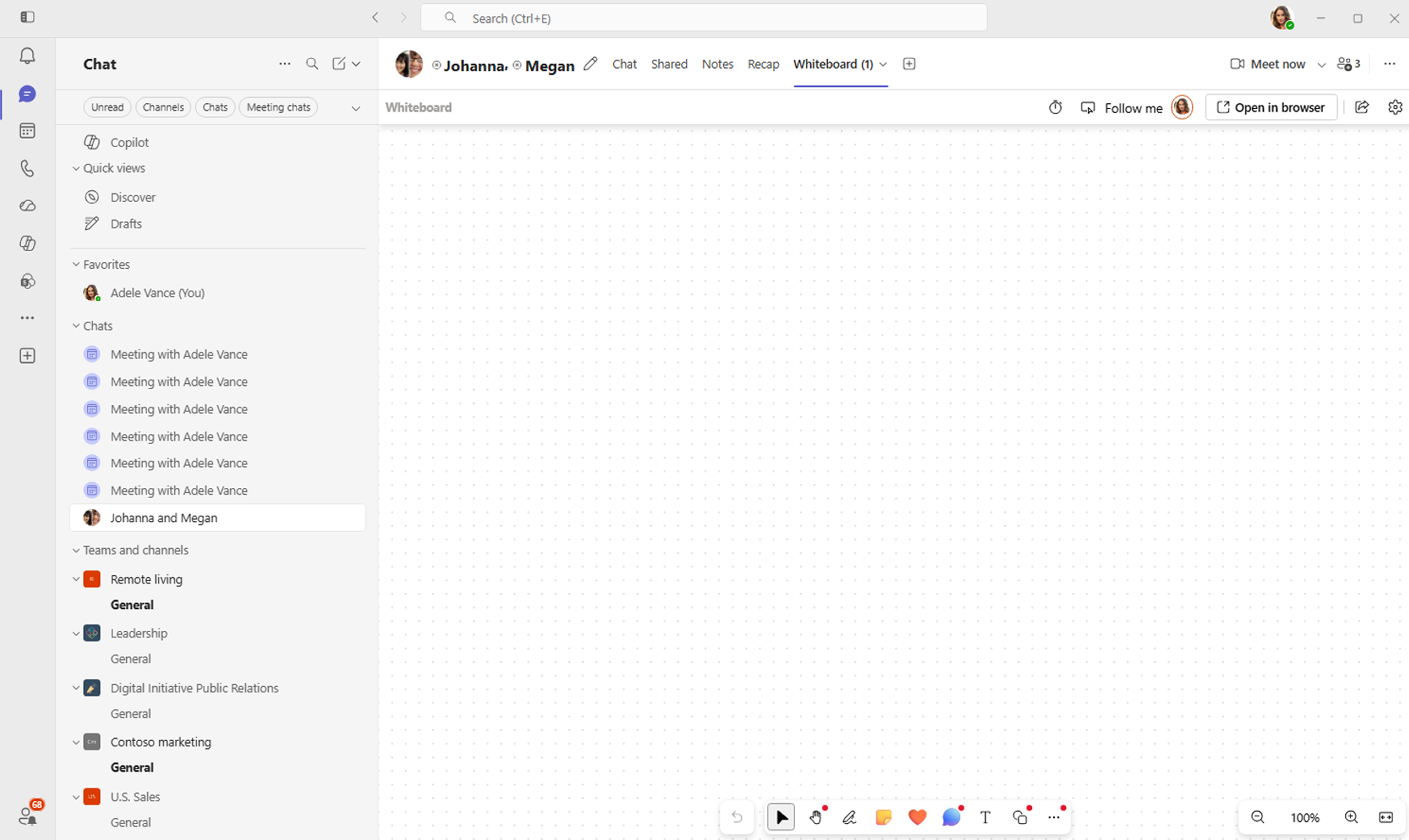 Screenshot shows a shared whiteboard open from a Whiteboard tab in a Microsoft Teams chat.