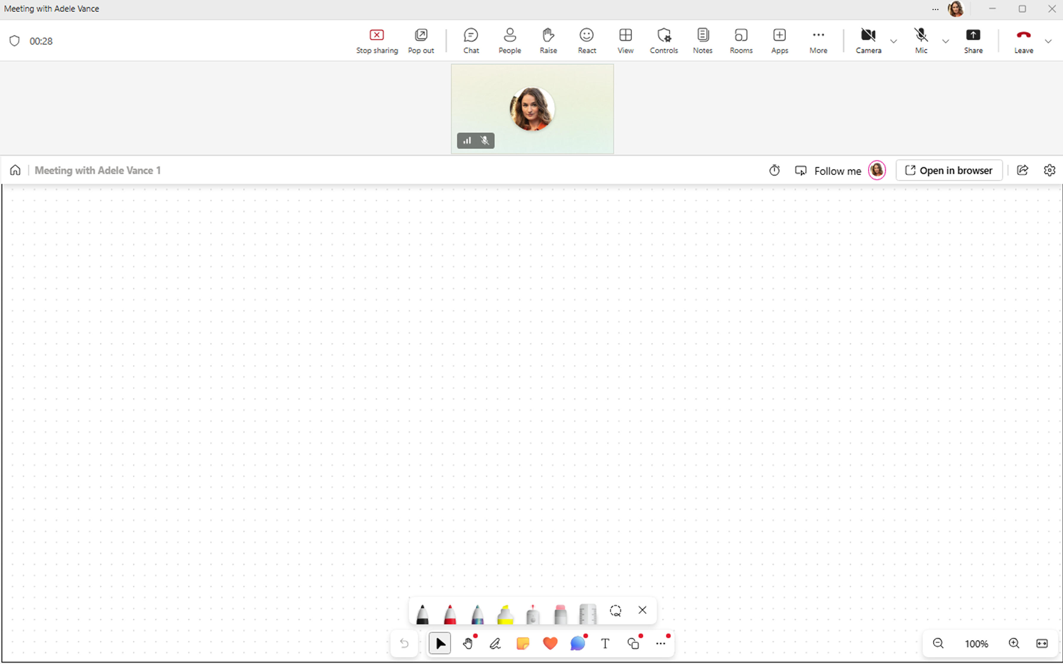 Screenshot shows a whiteboard open inside an active Microsoft Teams meeting.