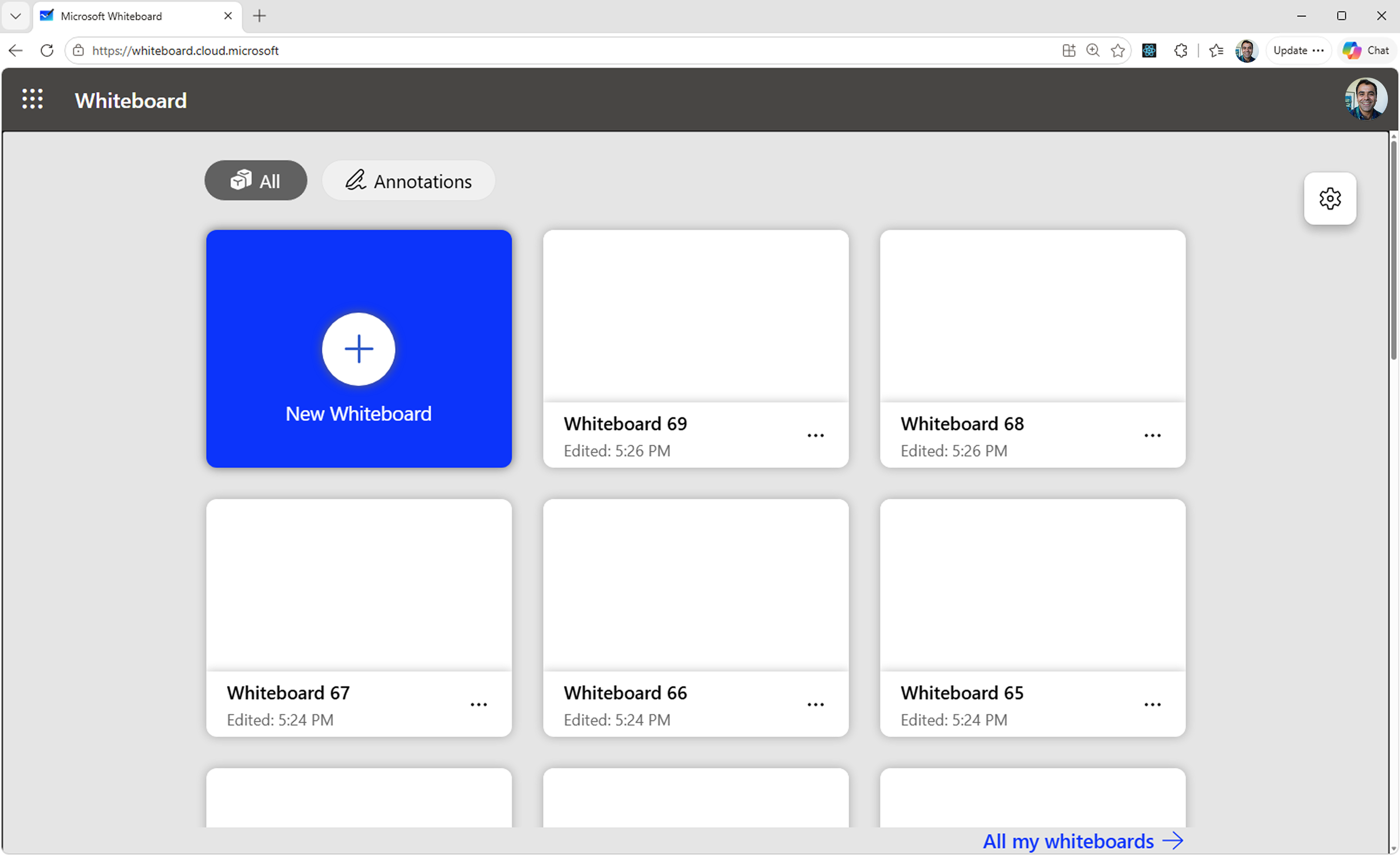 Screenshot shows the whiteboard gallery open in a web browser.