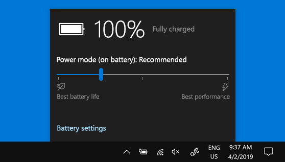 Windows 10 battery flyout with the power-mode slider between Best battery life and Best performance.