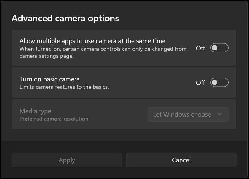 Advanced camera options showing settings for allowing multiple apps to use the camera, turning on basic camera, and selecting a preferred media type.