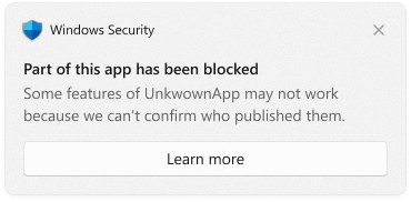 Screenshot of the Smart App Control popup showing that part of an app has been blocked.