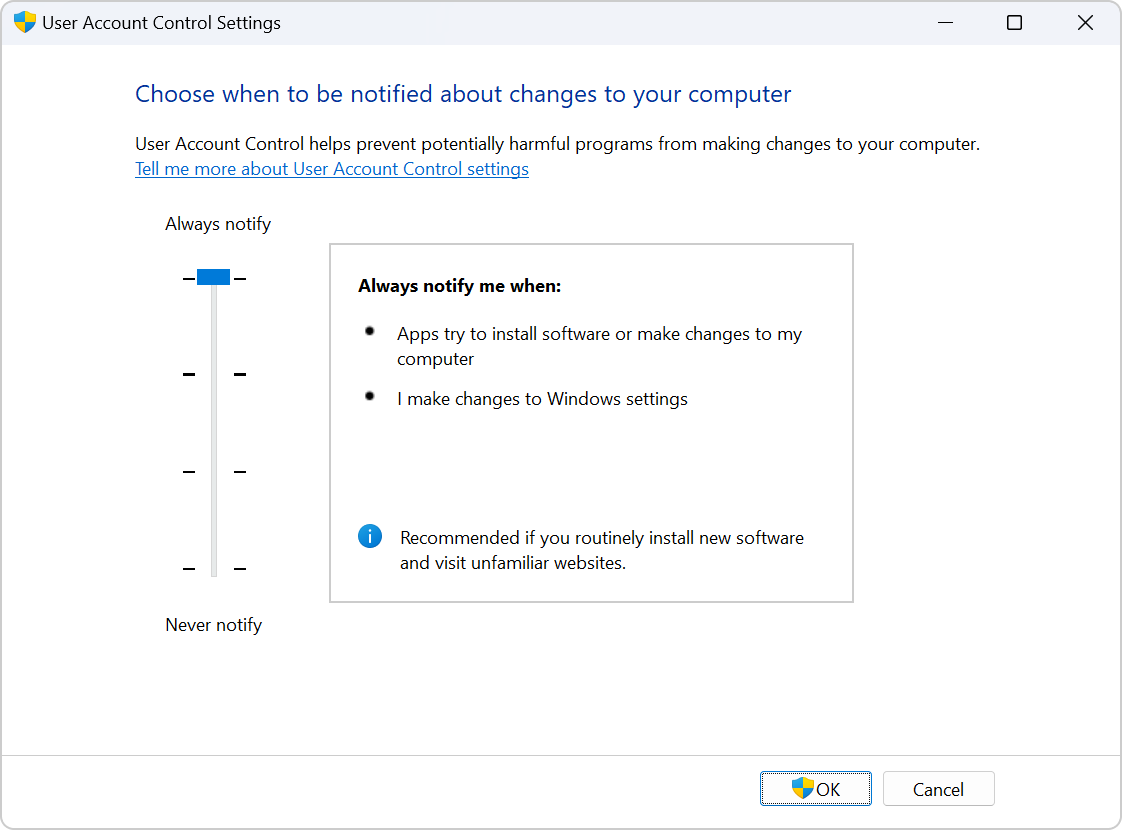 Screenshots of the settings to configure UAC.