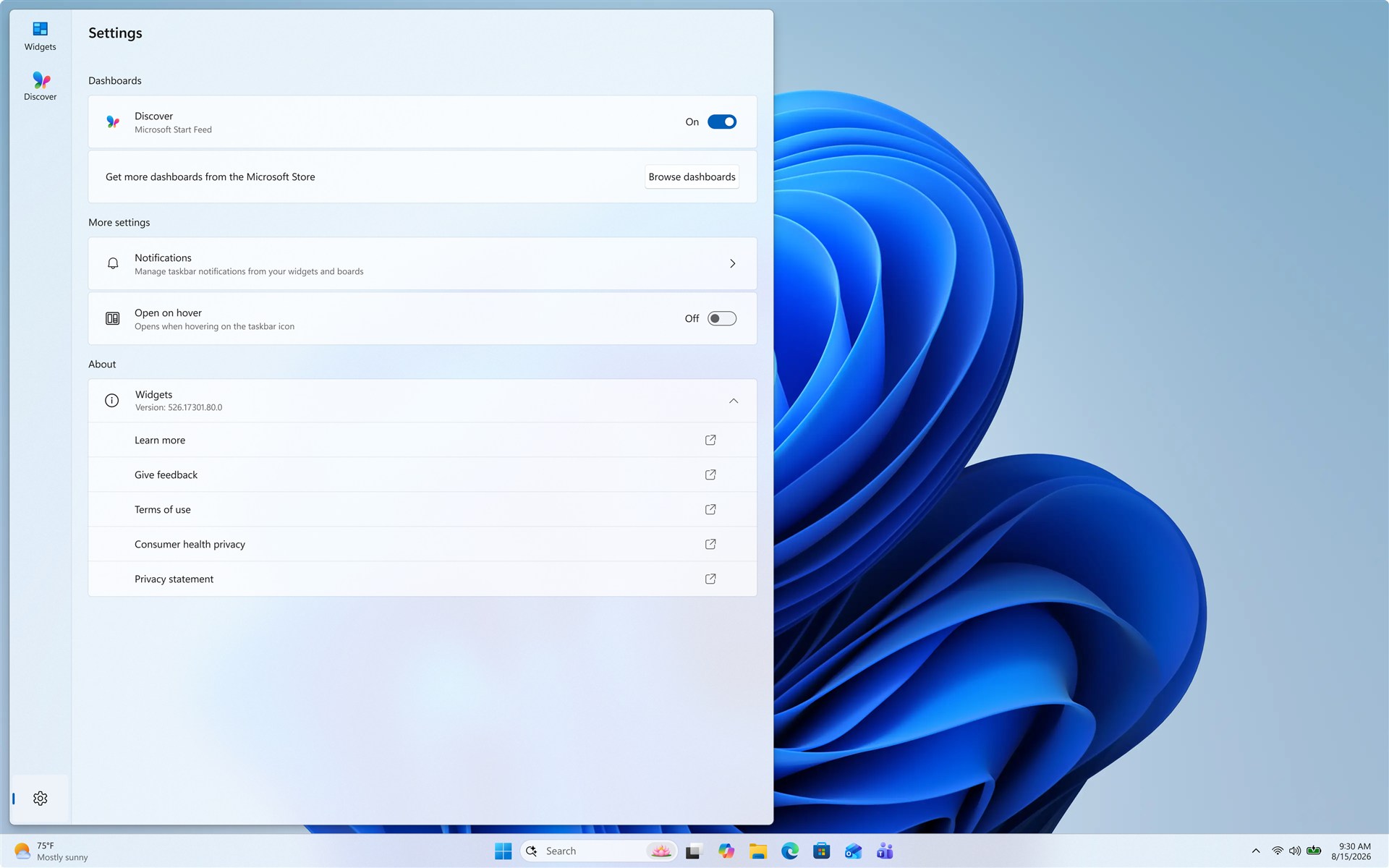 Widgets settings displaying dashboard, notification, and open-on-hover controls.