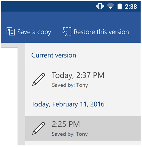 Screenshot of the History option to restore previous versions in Android.