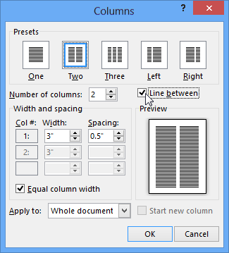 Columns dialog box with Line between selected