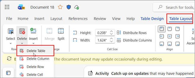 Image of portion of PopUp menu that open when you select the contents of a table cell in Word Online, with Delete Table option highlighted.