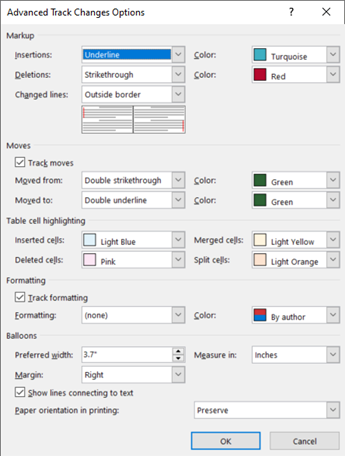 Advanced Track Changes Options dialog box