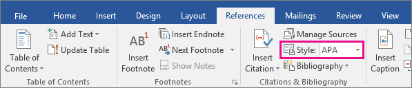 The Style APA option is highlighted on the References tab