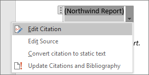 The available options under a citation are shown