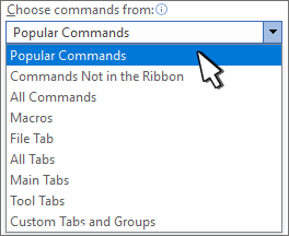 List of categories of commands to choose from