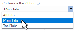 List of ribbon tabs and commands options