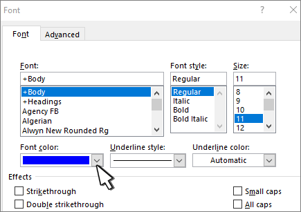 Font color in font dialog
