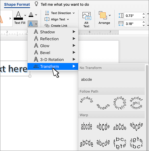 WordArt effects with Transform selected