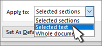 Page setup apply to selected text