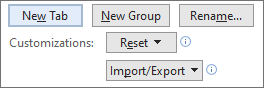 Cluster of New Tab, New Group, Rename, Reset, and Import/Export buttons