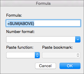 The Formula box, showing the formula used to sum a column