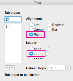 The Tab dialog box, set up for a right-aligned tab with dots