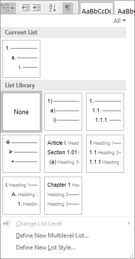 Choose the Multilevel List button to add numbering to a built-in heading style, for example, Heading 1, in your document heading.